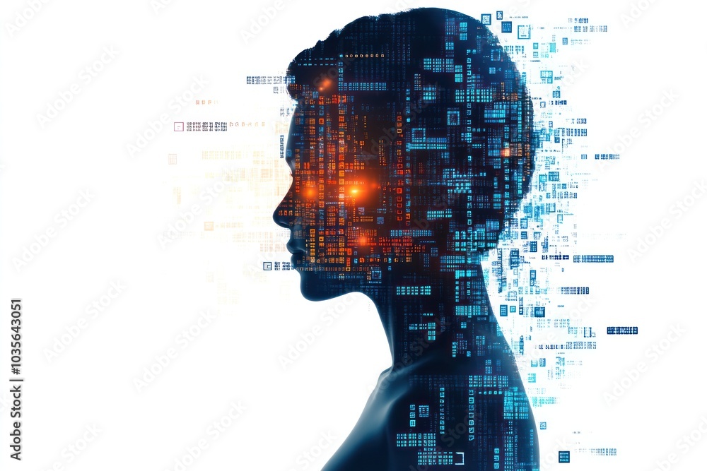 Poster a human silhouette surrounded by digital code and floating data symbols, emphasizing the human-tech 