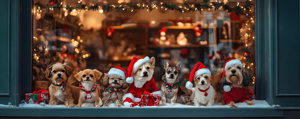 Festive Pet Storefront with Adorable Animals in Holiday Outfits and