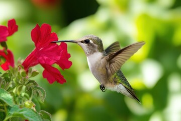 Fototapeta premium A juvenile Rubythroated hummingbird perched delicately on a vibrant red flower, its iridescent feathers glistening in the sunlight. The flower, rich in color and texture