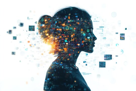 A human silhouette surrounded by digital code and floating data symbols, emphasizing the human-tech interface in the digital era.