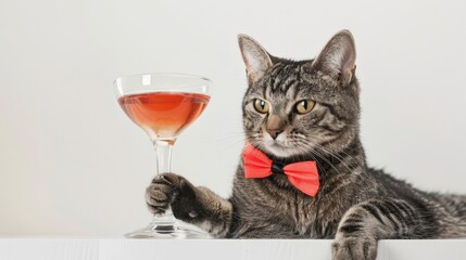 Charming cat dressed in a bow tie, enjoying a fancy drink, portraying a humorous take on luxury, against a white setting