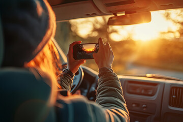 Van life traveler capturing the sunrise from inside their camper van