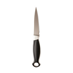 Sharp kitchen knife with black handle isolated on white background, perfect for slicing and dicing in food preparation and culinary tasks.