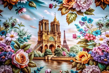 Fototapeta premium Blue and White French Toile Seamless Pattern with Flowers and Towers - Elegant Home Decor Design