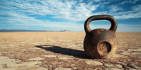 Fototapeta premium Kettlebell in the Desert: A Fitness Landscape