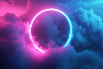 A neon-lit geometric ring encapsulates a cloud, with glowing blue and pink light adding depth and energy to the dark sky. The light illuminates the edges of the cloud