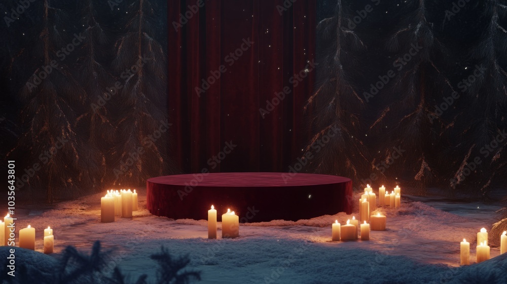 Poster A red platform is illuminated by burning candles in a snowy forest setting. The platform is in the middle of the frame with candles surrounding it. The background is a dark forest with snow falling.