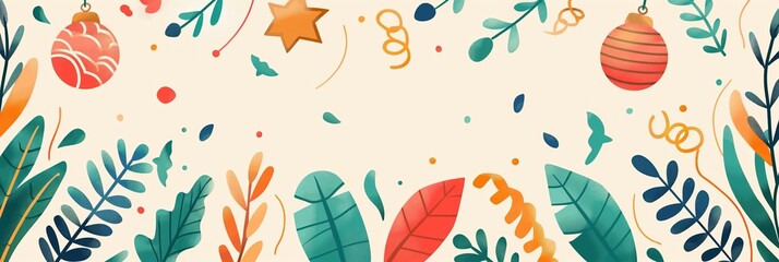 Festive holiday background with colorful leaves and ornaments for seasonal celebration