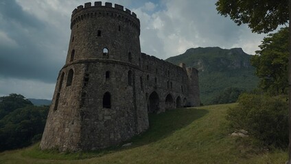 A serene archer tower surrounded by lush greenery and flowers