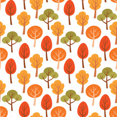 Autumn trees seamless pattern. Colorful fall forest on white background. Nature vector illustration