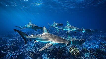 Fototapeta premium Majestic Hammerhead Sharks Swimming in Deep Blue Waters