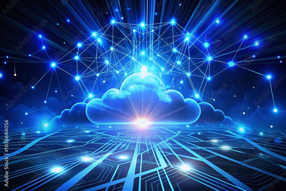 Poster blue connection power light technology background with cloud network and lines for digital innovatio