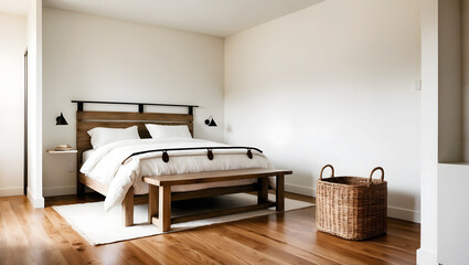 Minimalist farmhouse bedroom with wooden bed frame and neutral decor