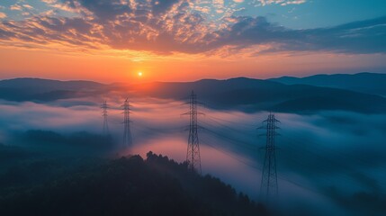 Fototapeta premium power transmission lines tower in the hill with sunset background