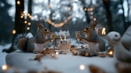 Obraz premium Animals Celebrate New Year's Eve in Forest Setting