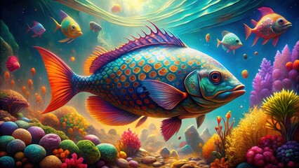 Fototapeta premium A vibrant underwater scene with a large iridescent fish swimming above a colorful coral reef and small fish swimming in the background.