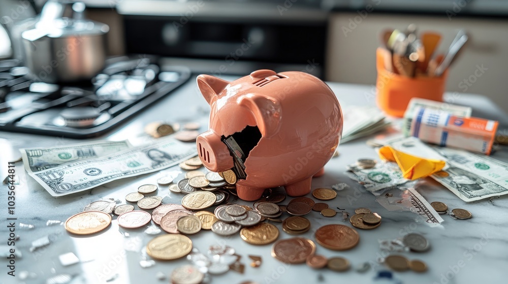 Wall mural a broken piggy bank surrounded by coins and bills on a kitchen counter, conveying the concept of eme