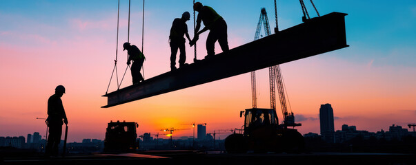 Construction workers setting up steel beams at sunset, showcasing teamwork and dedication in vibrant urban landscape