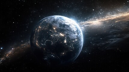 Obraz premium A stunning satellite image of the night side of Earth, with bright clusters of cities standing out amidst the darkness