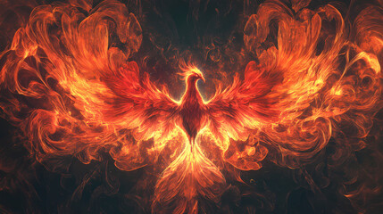 A majestic phoenix emerges from flames, symbolizing rebirth and strength in a captivating display of fiery colors. Mystic Phoenix. Illustration