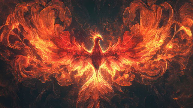 A majestic phoenix emerges from flames, symbolizing rebirth and strength in a captivating display of fiery colors. Mystic Phoenix. Illustration