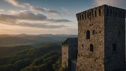 A stunning archer tower at twilight creates a romantic ambiance for lovers and friends
