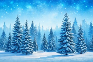 Fototapeta premium Blue Winter Snowy Forest Landscape - Vector Hand Draw Illustration for Seasonal Decor and Nature Lovers