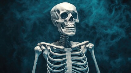 A skeleton standing in a chilling Halloween pose, with a dark and ominous background for an eerie, spooky effect
