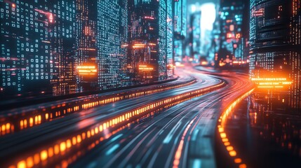 Fototapeta premium Futuristic cityscape with illuminated roads and high-tech buildings at night.