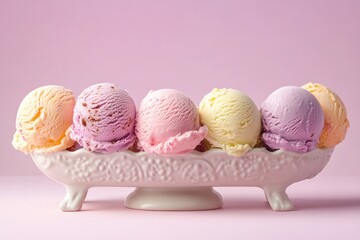 A whimsical display of ice cream scoops in playful pastel shades, arranged on a vintage-style dish. The background in soft pink complements the lighthearted summer theme