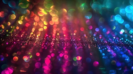 Blurred multicolored lights creating bokeh effect with glitter particles on dark background