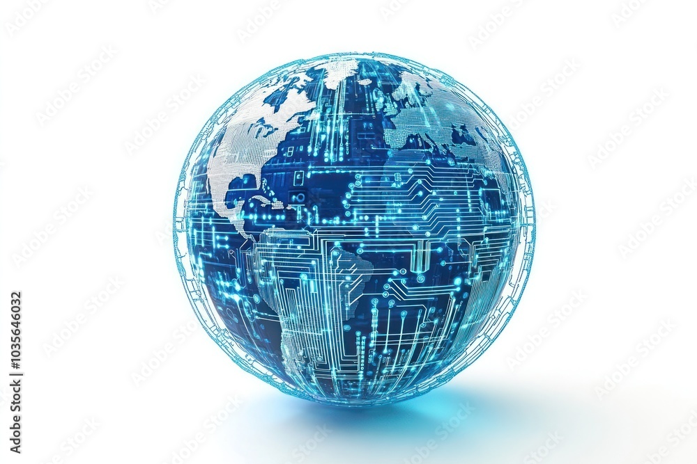 Poster abstract concept of a globe connected by digital circuits, representing global digital transformatio