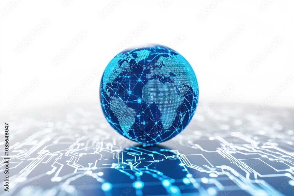 Poster abstract concept of a globe connected by digital circuits, representing global digital transformatio