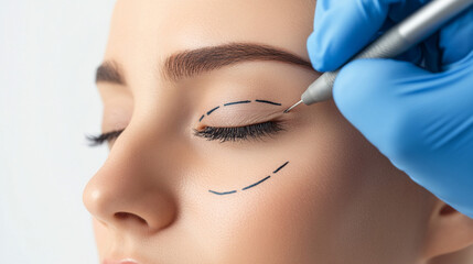 Eyelid surgery, blepharoplasty. Beautician drawing lines with pen on young woman face