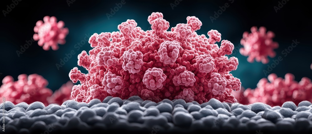 Poster microscopic view of a virus with detailed structures on a dark background.