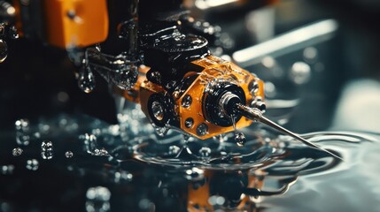 A close-up of a mechanical device submerged in water, creating bubbles.