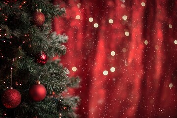 An elegantly styled Christmas tree, draped with glimmering garlands and surrounded by twinkling bokeh lights. The vivid red background contrasts beautifully with the bright ornaments