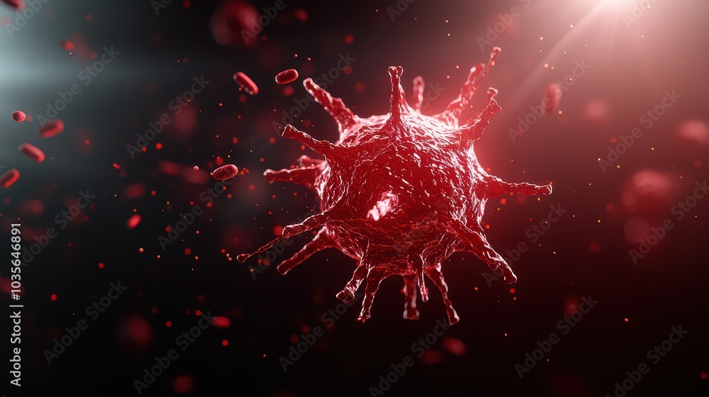 Poster realistic 3d rendering of a virus particle with a dark background, showcasing intricate details and 