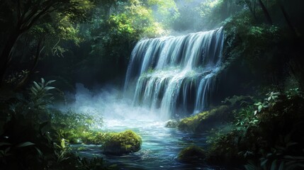 Obraz premium Tranquil Waterfall in Lush Forest