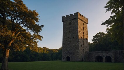 A stunning archer tower framed by the setting sun creates a picturesque landscape