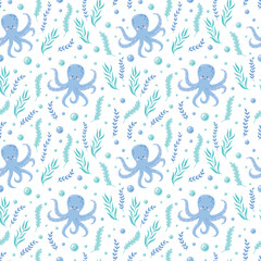 Childrens cute background. Childrens cute animals. Funny octopus and seaweeds seamless pattern. Underwater life vector illustration