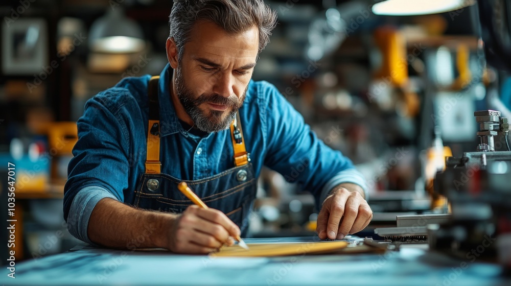 Poster a skilled craftsman concentrates on drawing precise measurements on a blueprint while surrounded by 