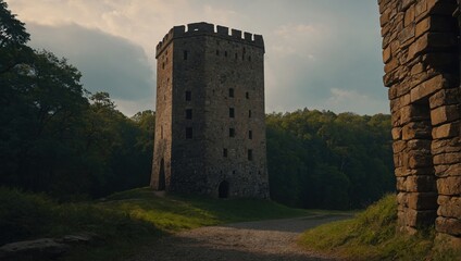 A stunning archer tower illuminated by the soft glow of sunset creates warmth and intimacy