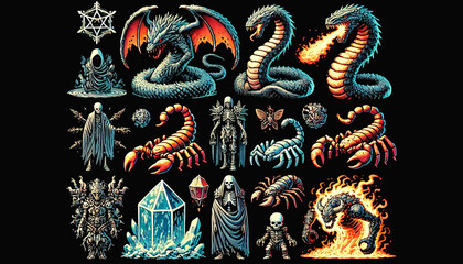 Fototapeta premium Set of Scorpions Serpents and Warriors in a Fantasy World