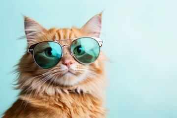 Closeup view of a humorous ginger cat donning oversized sunglasses, showcasing its bright green eyes and whiskers.