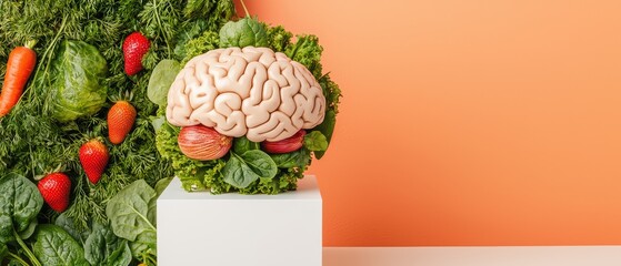 Unique representation of a brain made from various vegetables, showcasing the concept of healthy eating and mindfulness.