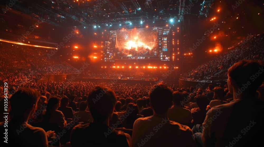 Poster the audience is captivated by an intense live performance in a bustling arena, surrounded by dazzlin