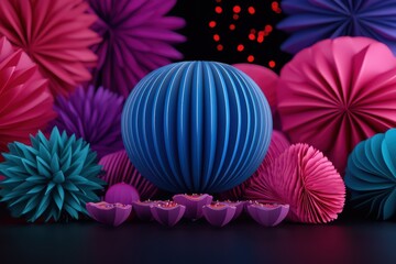 Fototapeta premium Vibrant paper decorations in blue, pink, and purple on a dark background, perfect for festive events and celebrations.