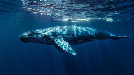 Fototapeta premium Majestic Blue Whale Swimming in the Deep Ocean with Sunlight Rays