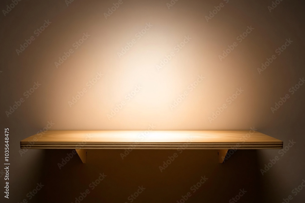 Poster empty wooden shelf with warm light background for product display